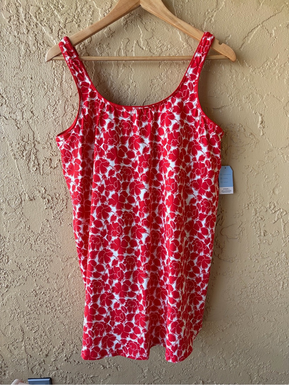 Lands’ End Scoop Neck Mini Swim Dress Swimsuit One Piece Daylily Red Floral L